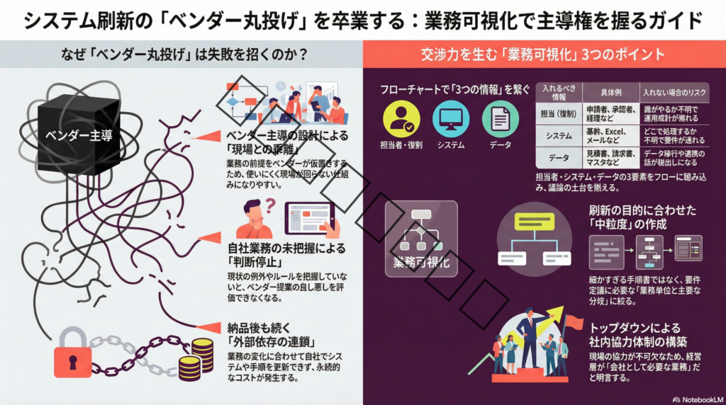 【システム刷新の“ベンダー丸投げ”が危険な理由】業務可視化で交渉力を持つ
