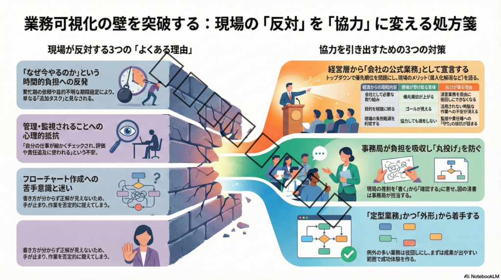 【業務可視化で現場が反対する理由と対策】トップダウン周知が必要なケース