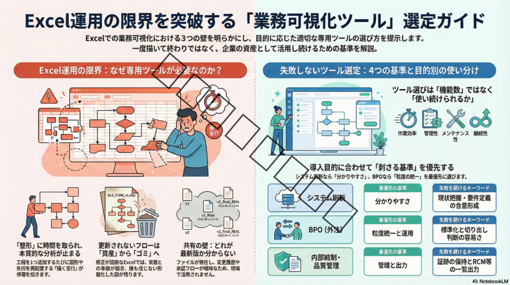 【業務可視化ツール比較】Excel運用の限界と“選び方の基準”
