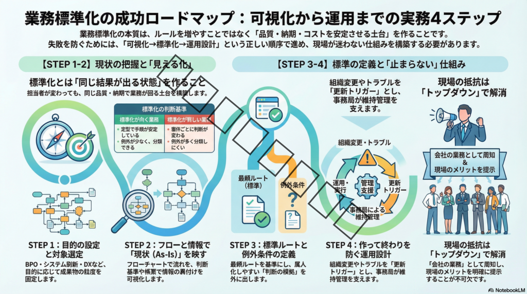 【業務標準化の進め方】可視化→標準化→運用までの実務ステップ