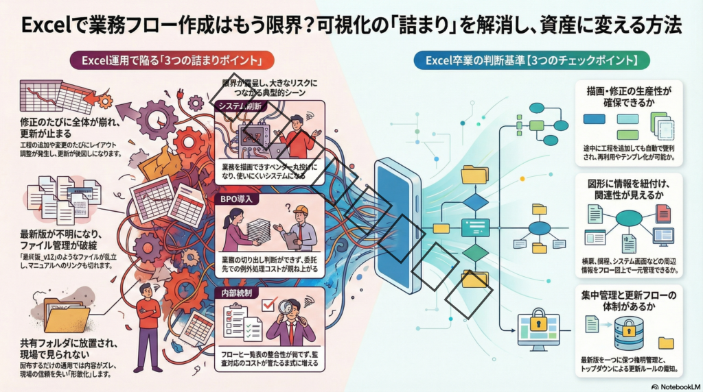 【Excelで業務フローは限界？】作業効率・管理・共有で詰まるポイント
