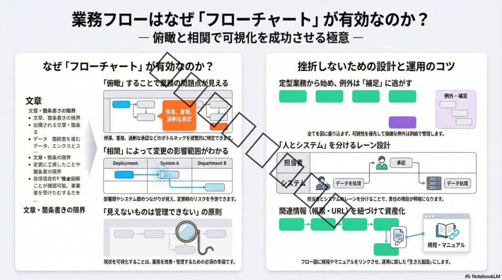 【業務フローはなぜフローチャートが有効？】俯瞰と相関が“一目で分かる”理由
