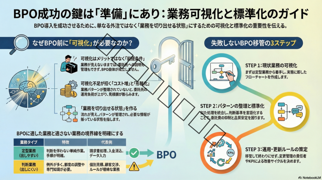 【BPO導入に業務可視化が必須な理由】切り出し判断と標準化の進め方
