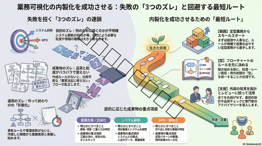 【業務可視化の内製化が失敗する典型パターン】目的ズレ・成果物ズレを防ぐ
